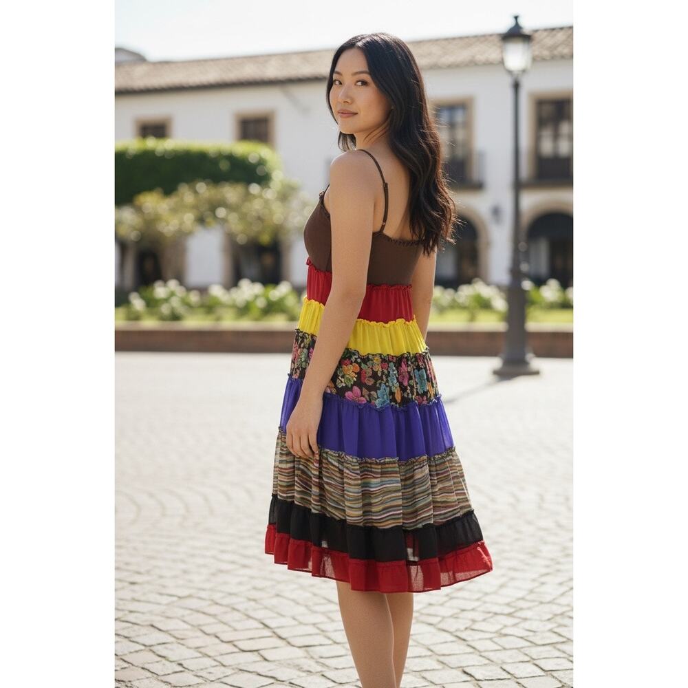 Vintage Y2K Moda International Colorful Patchwork Silk Tiered Ruffle Sundress